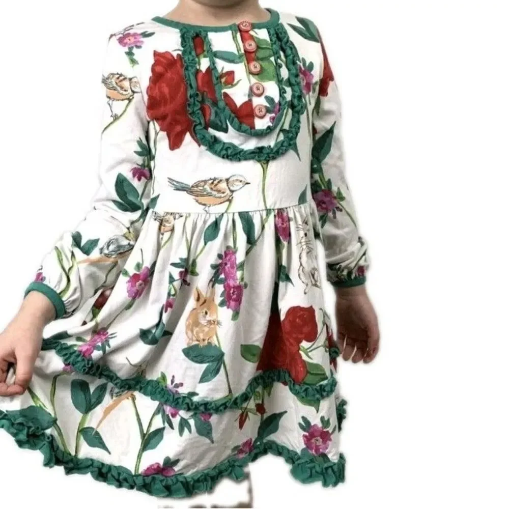 Matilda Jane Woodland Wonders Bunny Bird Floral Dress Girls 6 Long Sleeve GUC